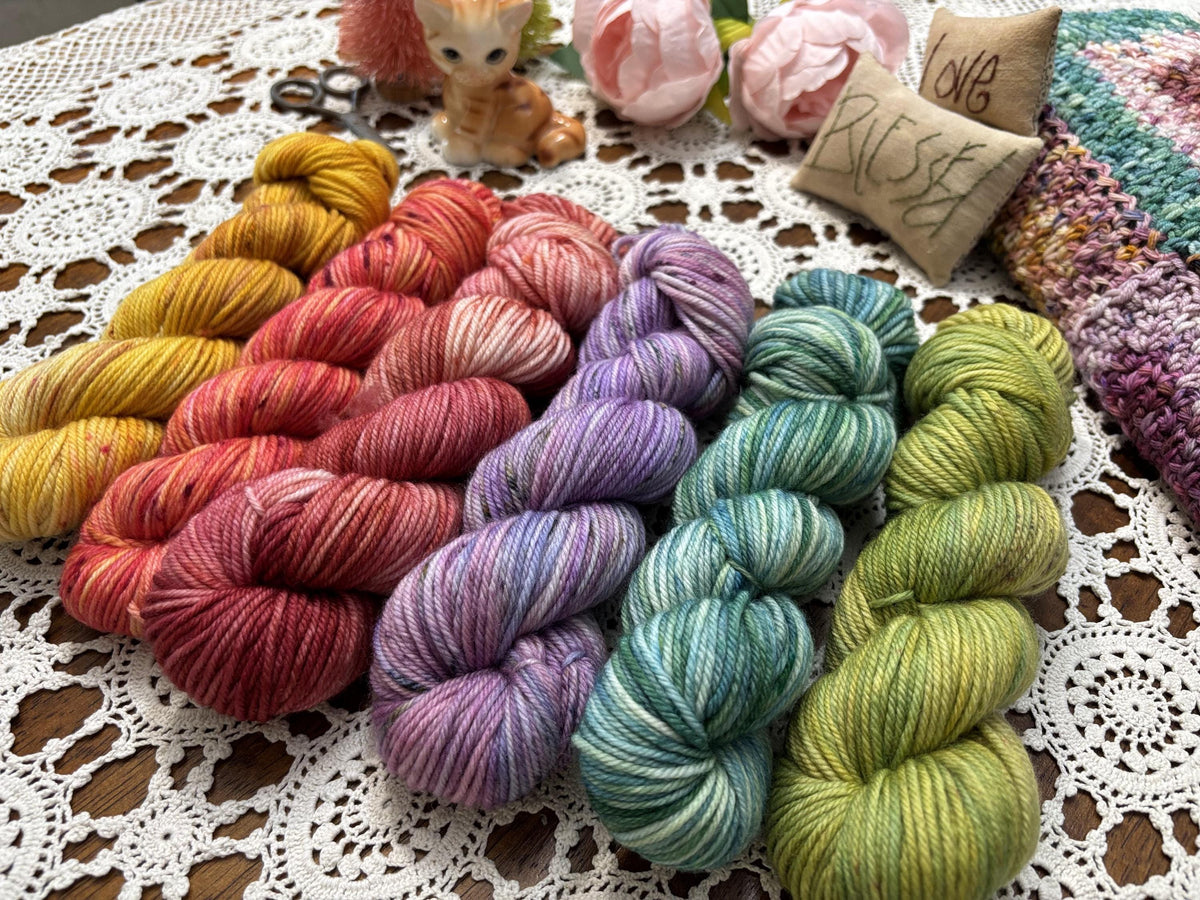 Lolly Bags – 6 x 50g Skeins Hand Dyed Pure Merino Yarn, 8ply, 100% Superwash Merino
