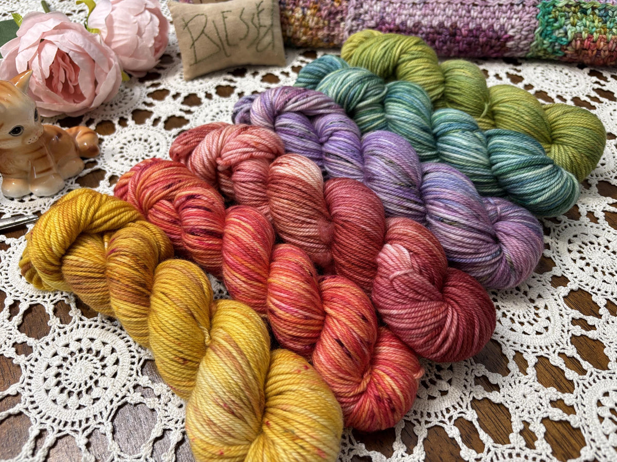 Lolly Bags – 6 x 50g Skeins Hand Dyed Pure Merino Yarn, 8ply, 100% Superwash Merino