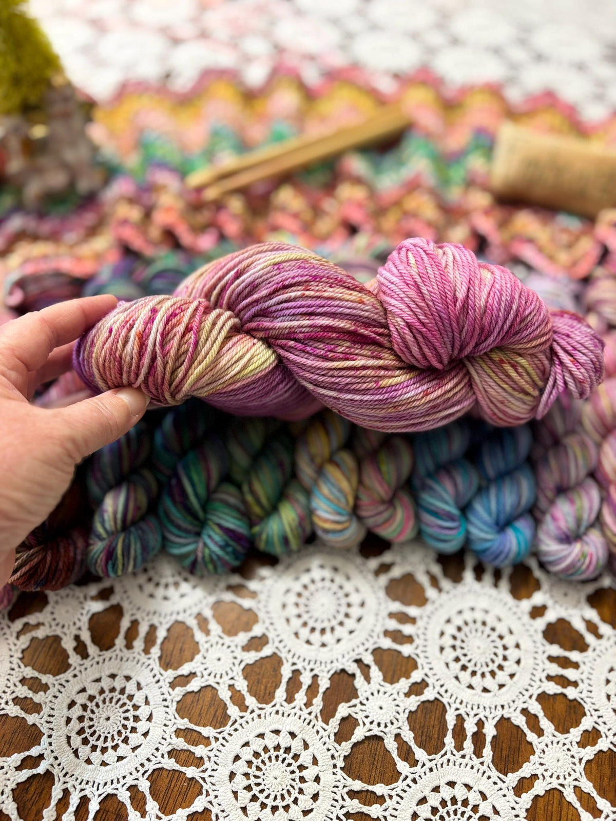 Mermaids Keep Deluxe Pack – 12 Mini Skeins + 100g Skein Hand Dyed Merino, 8ply, 752m, 75% Merino 25% Recycled Nylon