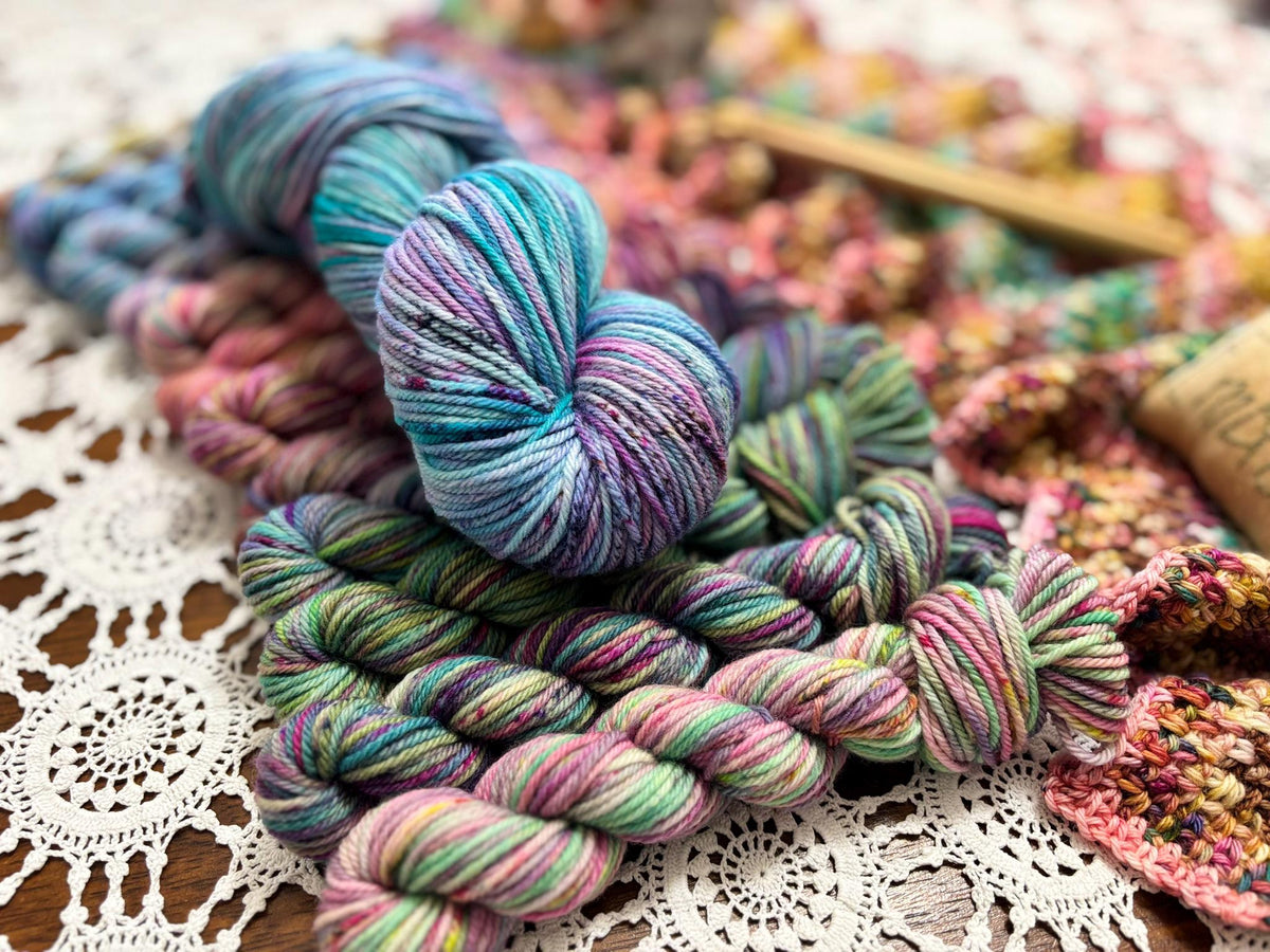 Mermaids Keep Deluxe Pack – 12 Mini Skeins + 100g Skein Hand Dyed Merino, 8ply, 752m, 75% Merino 25% Recycled Nylon