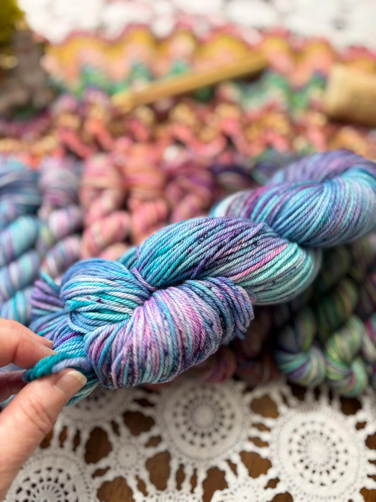 Mermaids Keep Deluxe Pack – 12 Mini Skeins + 100g Skein Hand Dyed Merino, 8ply, 752m, 75% Merino 25% Recycled Nylon