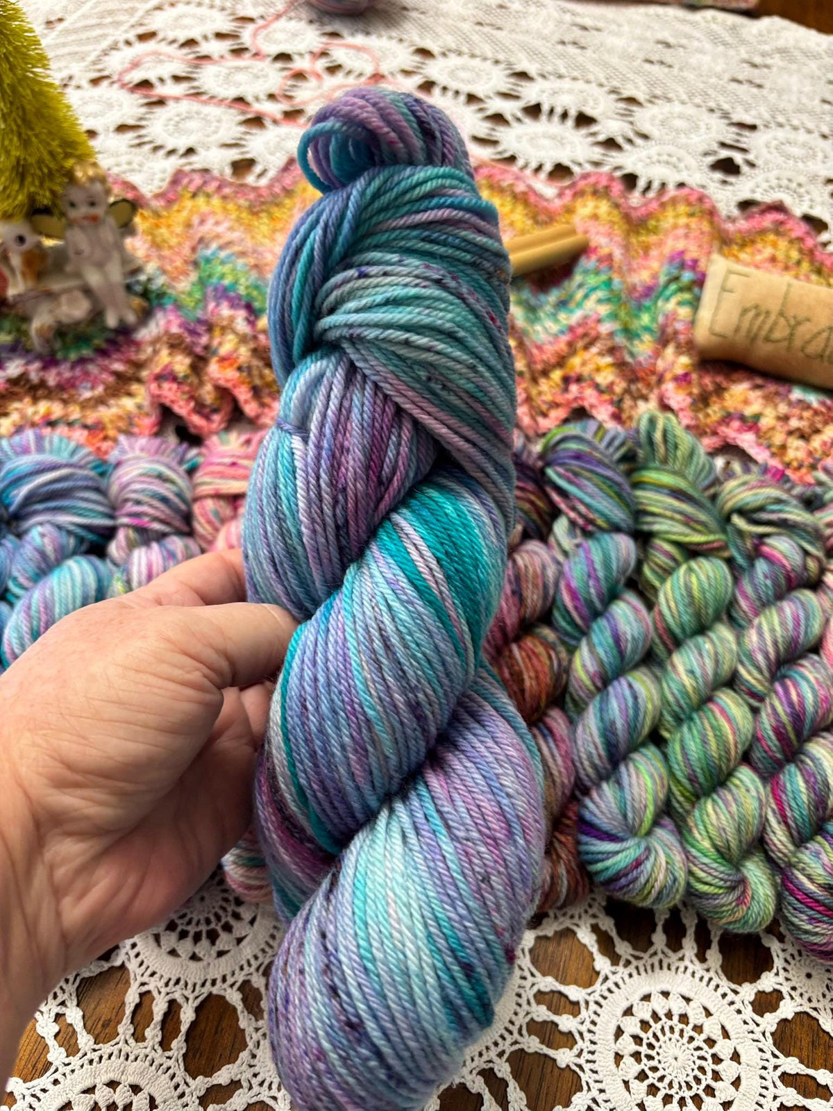 Mermaids Keep Deluxe Pack – 12 Mini Skeins + 100g Skein Hand Dyed Merino, 8ply, 752m, 75% Merino 25% Recycled Nylon