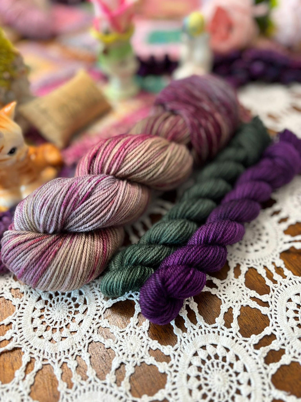 Silly Socks Set 02 Dark Plum – 2 Mini Skeins + 1 x 100g Skein Hand Dyed Merino, 8ply, 75% Merino 25% Nylon