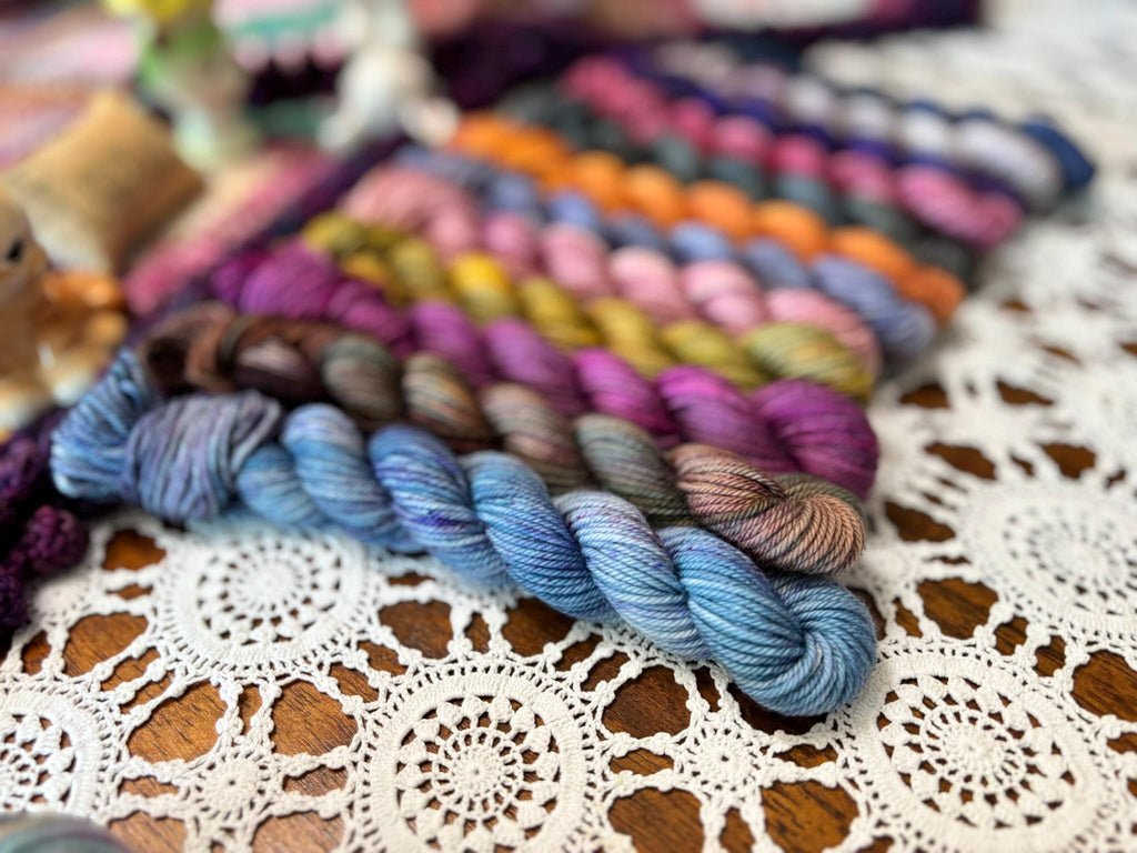 Hallowed Deluxe Blanket Bits Pack – 12 Mini Skeins + 100g Skein Hand Dyed Merino, 8ply, 752m, 75% Merino 25% Nylon