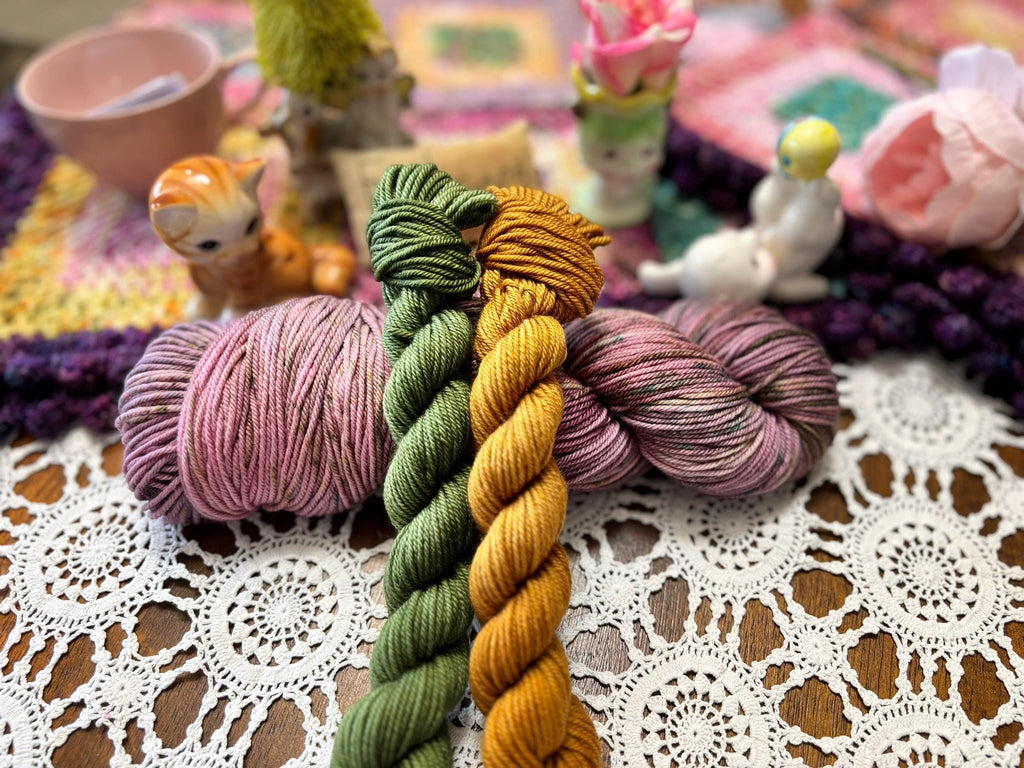 Silly Socks Set 01 Faded Pink/Green – 2 Mini Skeins + 1 x 100g Skein Hand Dyed Merino, 8ply, 75% Merino 25% Nylon