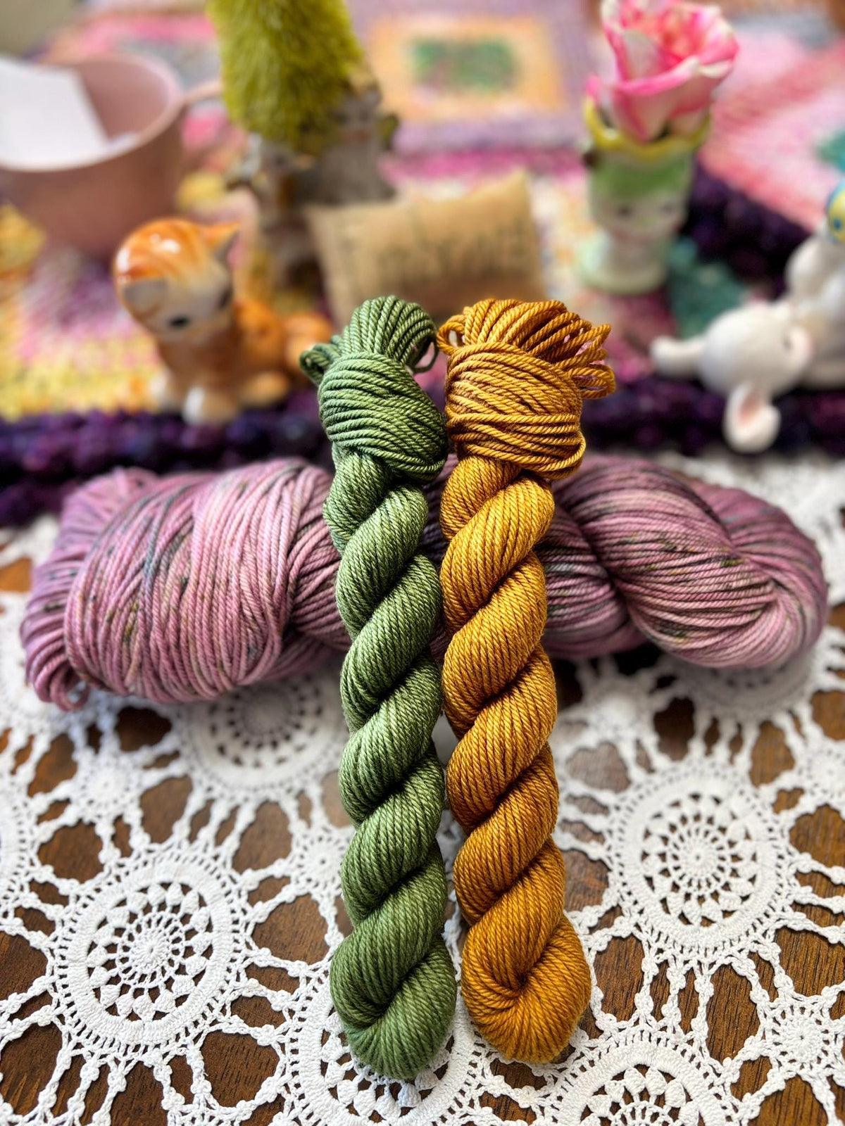 Silly Socks Set 02 Faded Pink/Green – 2 Mini Skeins + 1 x 100g Skein Hand Dyed Merino, 8ply, 75% Merino 25% Nylon