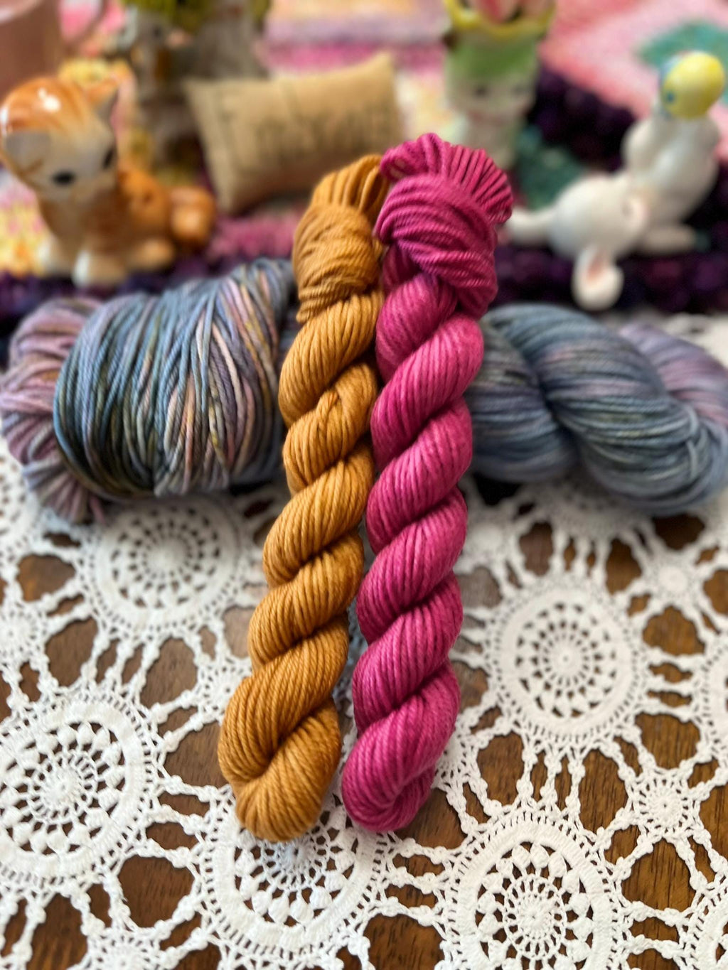Silly Socks Set 01 Faded Blue/Pink – 2 Mini Skeins + 1 x 100g Skein Hand Dyed Merino, 8ply, 75% Merino 25% Nylon