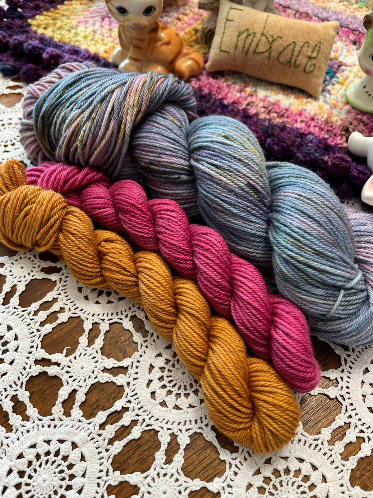 Silly Socks Set 01 Faded Blue/Pink – 2 Mini Skeins + 1 x 100g Skein Hand Dyed Merino, 8ply, 75% Merino 25% Nylon