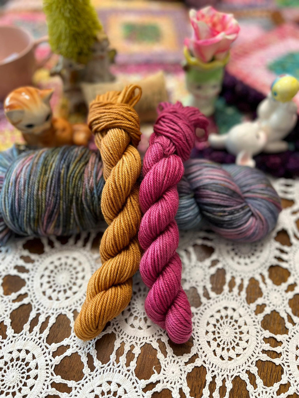 Silly Socks Set 02 Faded Blue/Pink – 2 Mini Skeins + 1 x 100g Skein Hand Dyed Merino, 8ply, 75% Merino 25% Nylon
