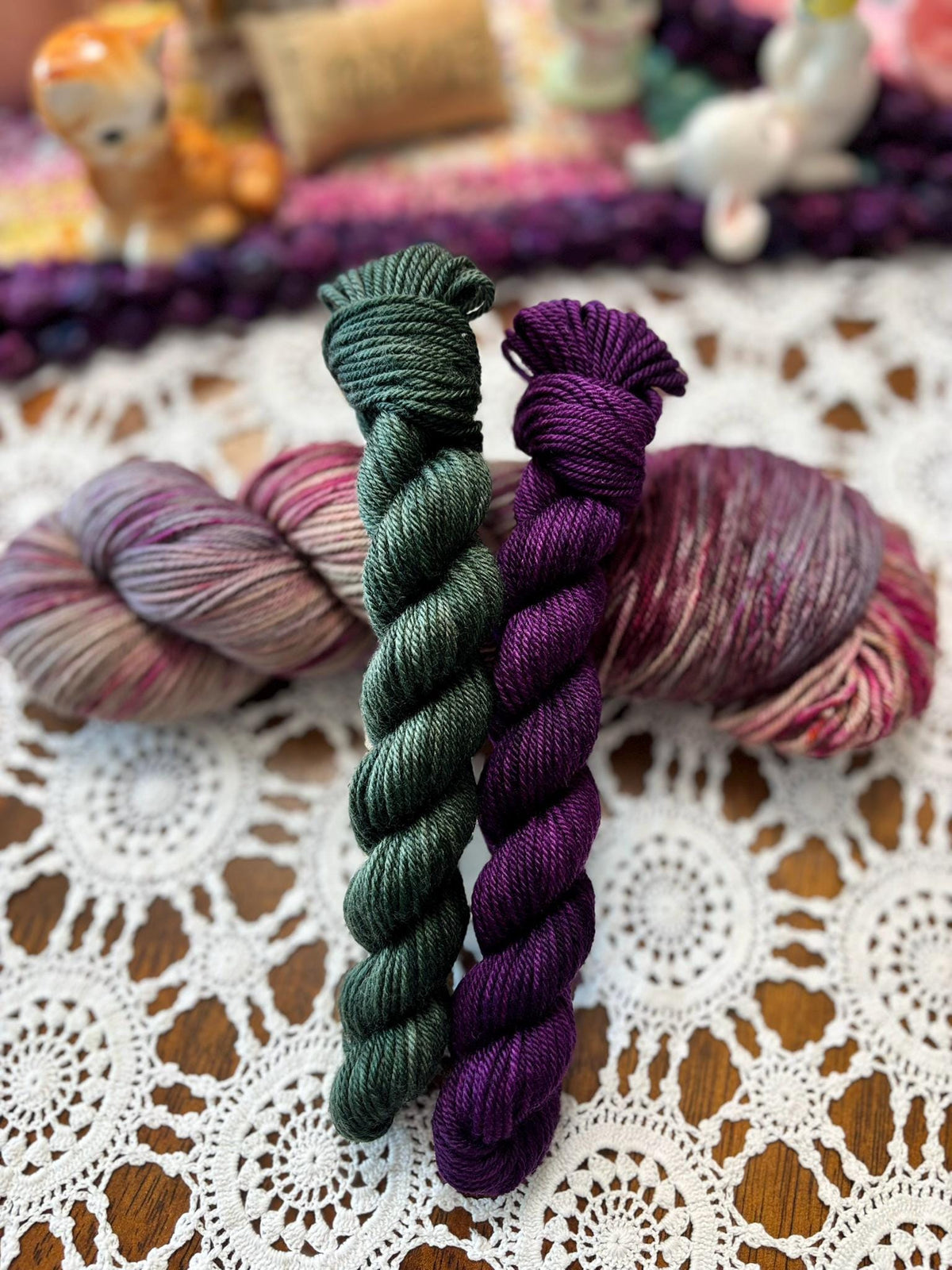 Silly Socks Set 02 Dark Plum – 2 Mini Skeins + 1 x 100g Skein Hand Dyed Merino, 8ply, 75% Merino 25% Nylon