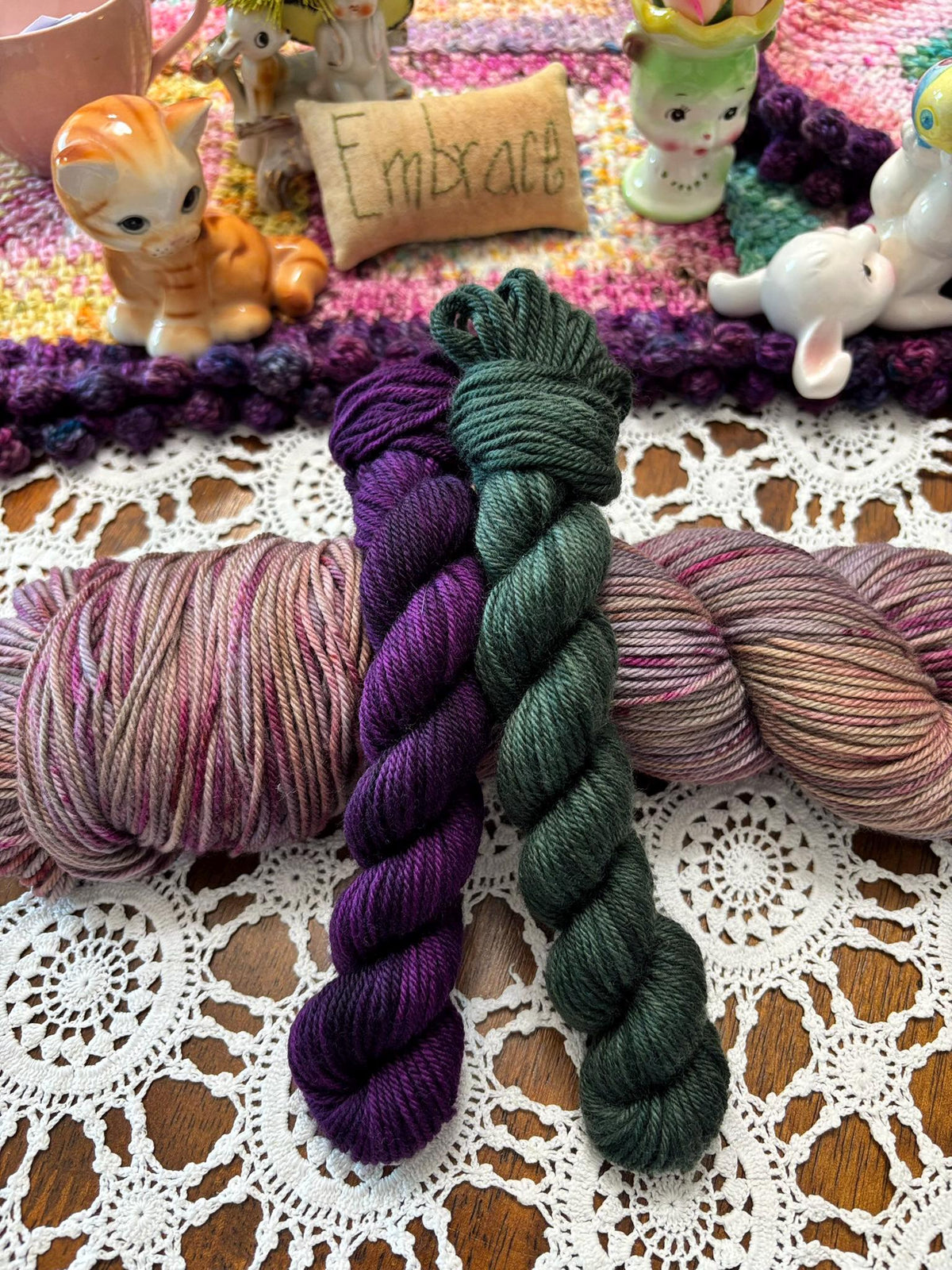 Silly Socks Set 01 Dark Plum – 2 Mini Skeins + 1 x 100g Skein Hand Dyed Merino, 8ply, 75% Merino 25% Nylon