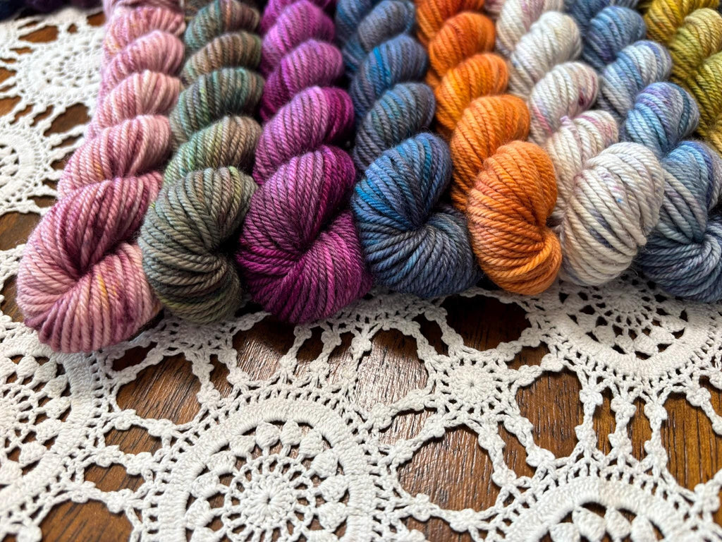 Hallowed Deluxe Blanket Bits Pack – 12 Mini Skeins + 100g Skein Hand Dyed Merino, 8ply, 752m, 75% Merino 25% Nylon