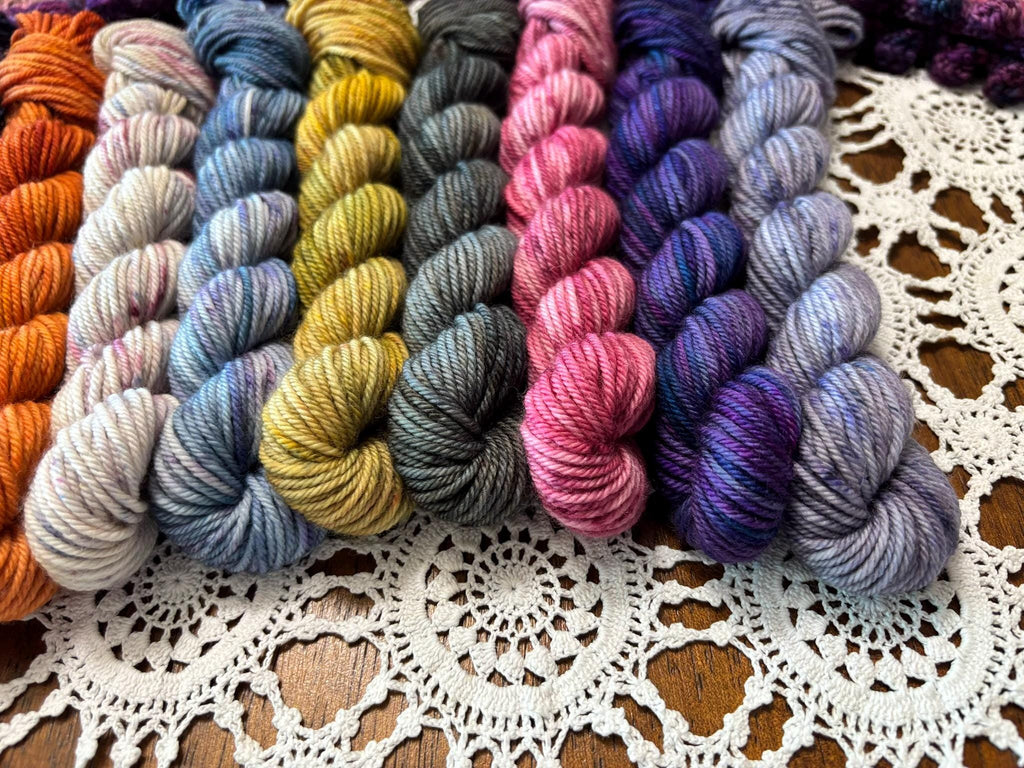 Hallowed Deluxe Blanket Bits Pack – 12 Mini Skeins + 100g Skein Hand Dyed Merino, 8ply, 752m, 75% Merino 25% Nylon