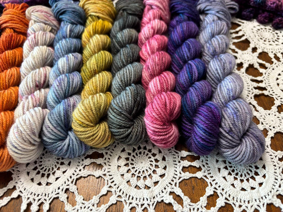 Hallowed Deluxe Blanket Bits Pack – 12 Mini Skeins + 100g Skein Hand Dyed Merino, 8ply, 752m, 75% Merino 25% Nylon