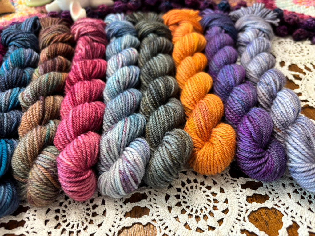 Hallowed Deluxe Blanket Bits Pack – 12 Mini Skeins + 100g Skein Hand Dyed Merino, 8ply, 752m, 75% Merino 25% Nylon