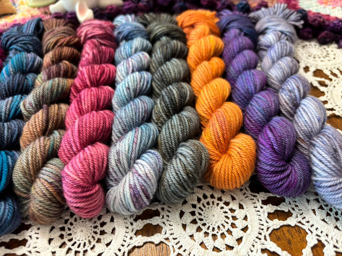 Hallowed Deluxe Blanket Bits Pack – 12 Mini Skeins + 100g Skein Hand Dyed Merino, 8ply, 752m, 75% Merino 25% Nylon