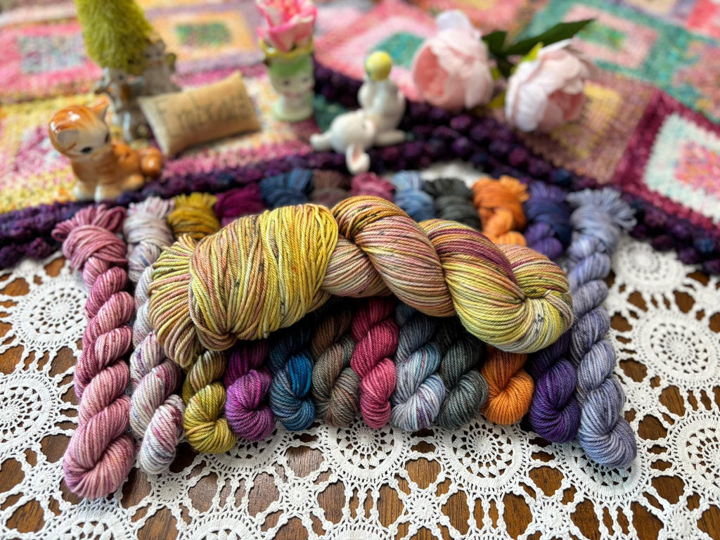 Hallowed Deluxe Blanket Bits Pack – 12 Mini Skeins + 100g Skein Hand Dyed Merino, 8ply, 752m, 75% Merino 25% Nylon
