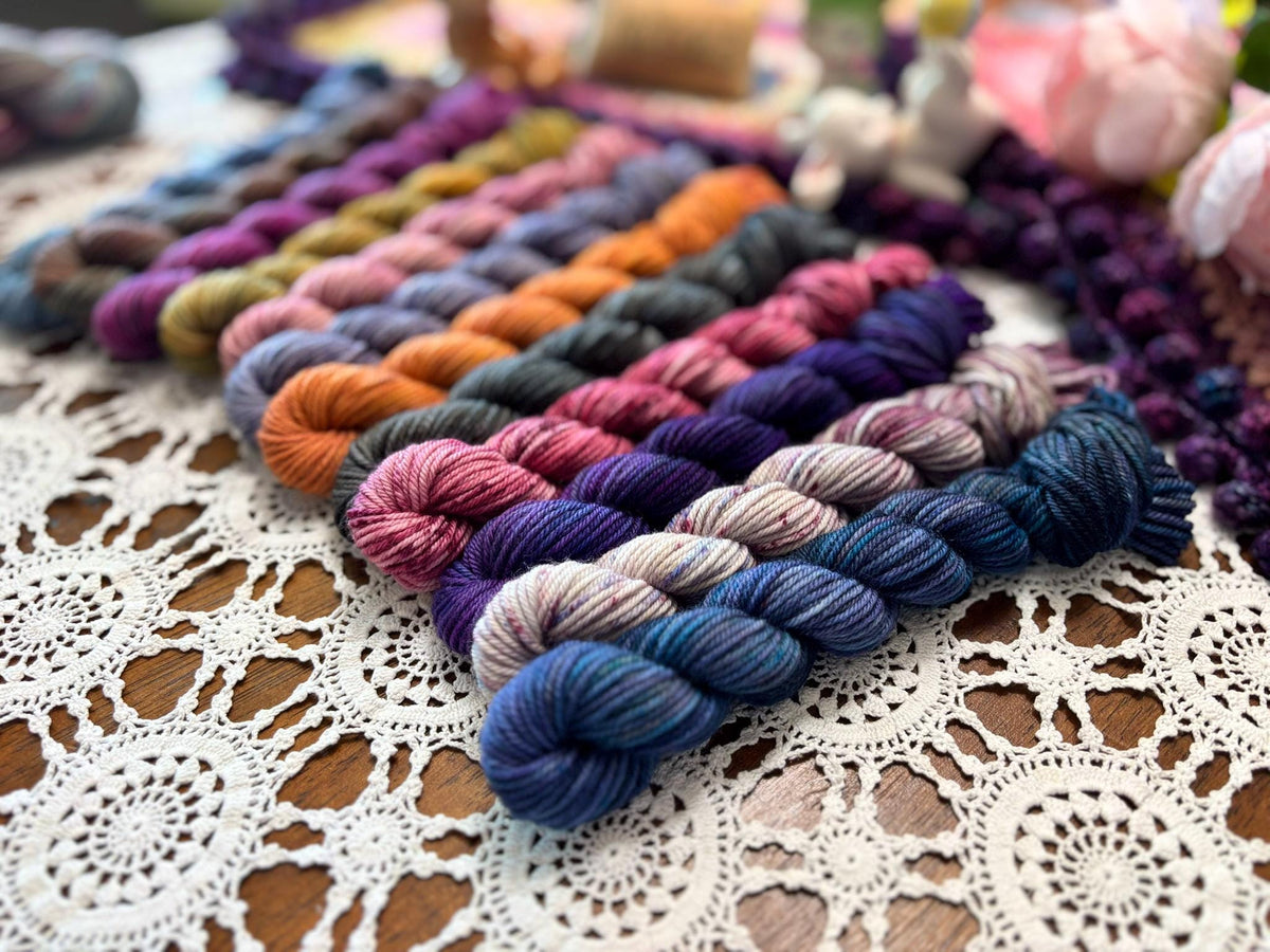 Hallowed Deluxe Blanket Bits Pack – 12 Mini Skeins + 100g Skein Hand Dyed Merino, 8ply, 752m, 75% Merino 25% Nylon