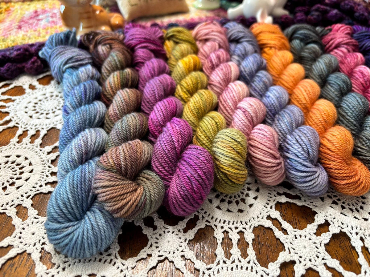 Hallowed Deluxe Blanket Bits Pack – 12 Mini Skeins + 100g Skein Hand Dyed Merino, 8ply, 752m, 75% Merino 25% Nylon