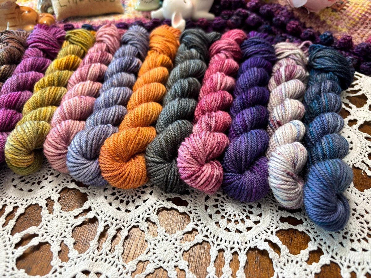 Hallowed Deluxe Blanket Bits Pack – 12 Mini Skeins + 100g Skein Hand Dyed Merino, 8ply, 752m, 75% Merino 25% Nylon