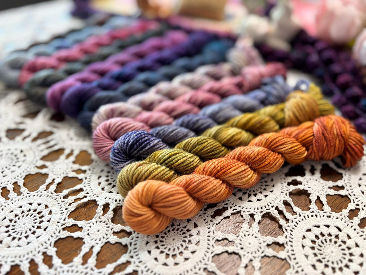 Hallowed Deluxe Blanket Bits Pack – 12 Mini Skeins + 100g Skein Hand Dyed Merino, 8ply, 752m, 75% Merino 25% Nylon