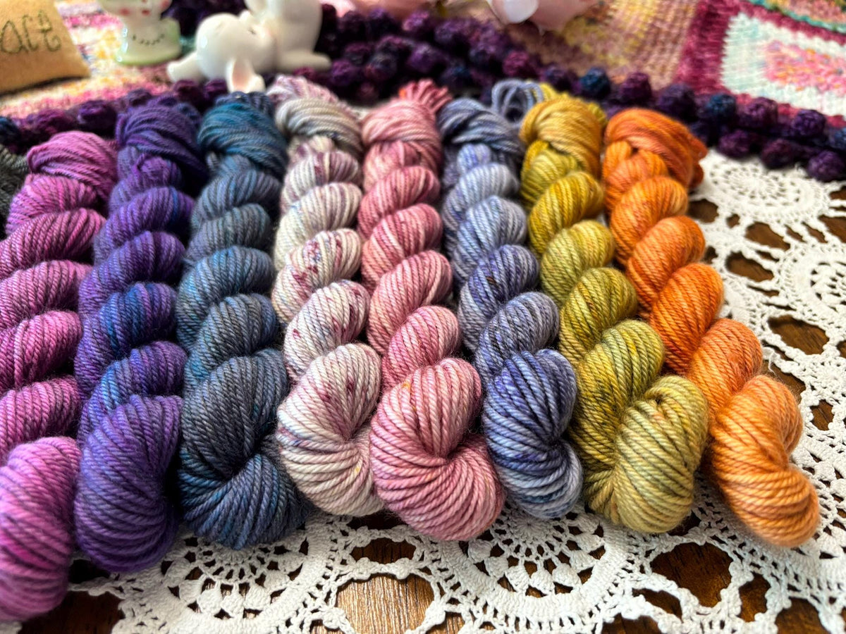 Hallowed Deluxe Blanket Bits Pack – 12 Mini Skeins + 100g Skein Hand Dyed Merino, 8ply, 752m, 75% Merino 25% Nylon