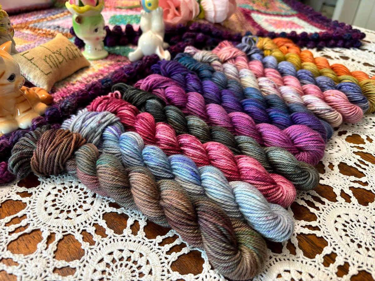Hallowed Deluxe Blanket Bits Pack – 12 Mini Skeins + 100g Skein Hand Dyed Merino, 8ply, 752m, 75% Merino 25% Nylon