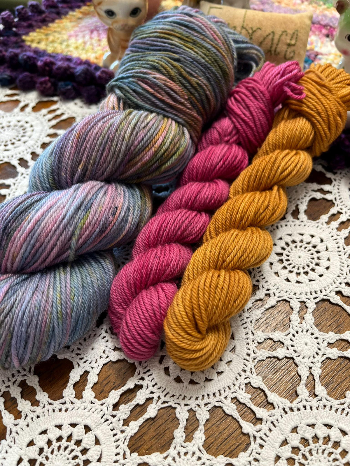 Silly Socks Set 02 Faded Blue/Pink – 2 Mini Skeins + 1 x 100g Skein Hand Dyed Merino, 8ply, 75% Merino 25% Nylon