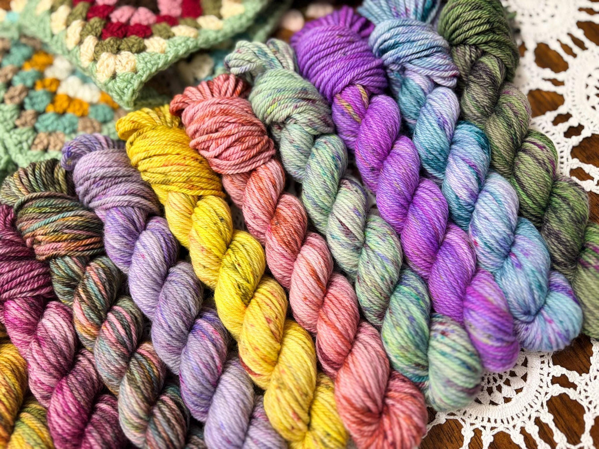 Colour Pop Blanket Bits Deluxe Pack – 15 Mini Skeins + 100g Skein Hand Dyed Merino, 8ply, 910m, 75% Merino 25% Nylon