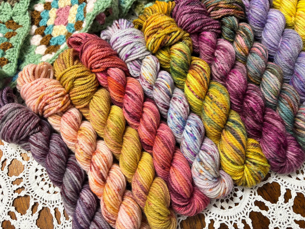 Colour Pop Blanket Bits Deluxe Pack – 15 Mini Skeins + 100g Skein Hand Dyed Merino, 8ply, 910m, 75% Merino 25% Nylon