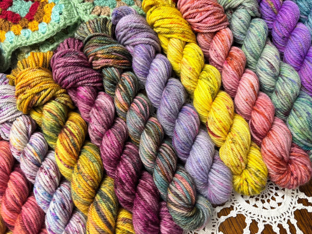 Colour Pop Blanket Bits Deluxe Pack – 15 Mini Skeins + 100g Skein Hand Dyed Merino, 8ply, 910m, 75% Merino 25% Nylon