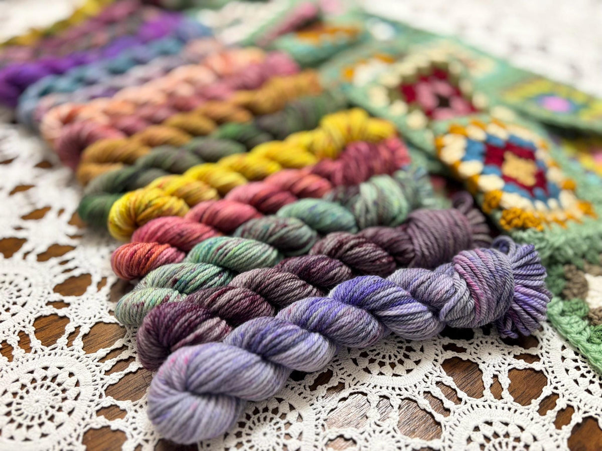 Colour Pop Blanket Bits Deluxe Pack – 15 Mini Skeins + 100g Skein Hand Dyed Merino, 8ply, 910m, 75% Merino 25% Nylon