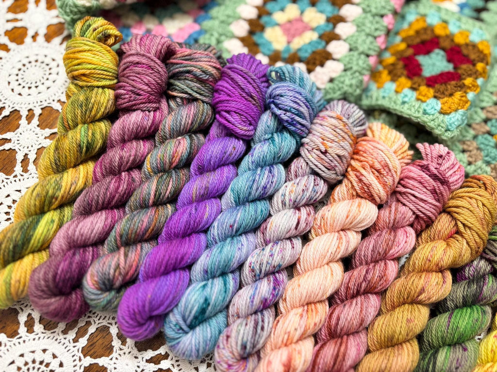 Colour Pop Blanket Bits Deluxe Pack – 15 Mini Skeins + 100g Skein Hand Dyed Merino, 8ply, 910m, 75% Merino 25% Nylon