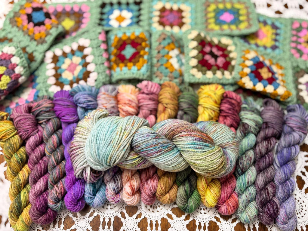Colour Pop Blanket Bits Deluxe Pack – 15 Mini Skeins + 100g Skein Hand Dyed Merino, 8ply, 910m, 75% Merino 25% Nylon