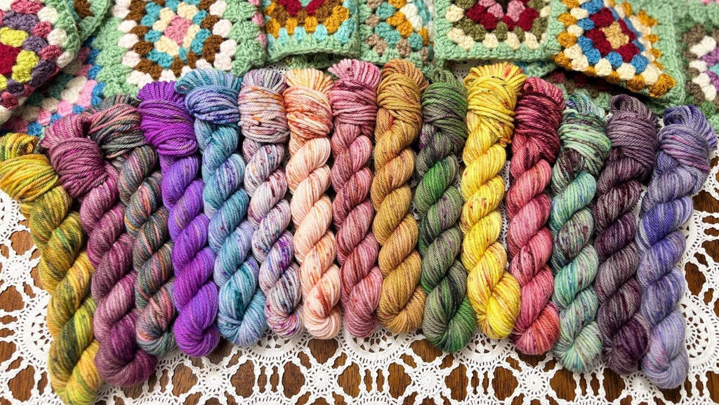 Colour Pop Blanket Bits Deluxe Pack – 15 Mini Skeins + 100g Skein Hand Dyed Merino, 8ply, 910m, 75% Merino 25% Nylon