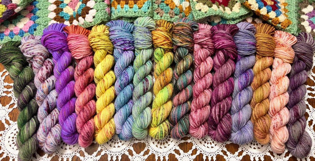 Colour Pop Blanket Bits Deluxe Pack – 15 Mini Skeins + 100g Skein Hand Dyed Merino, 8ply, 910m, 75% Merino 25% Nylon