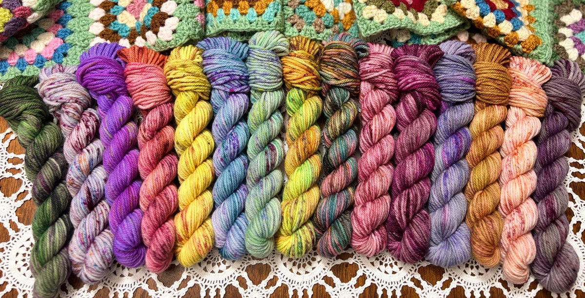 Colour Pop Blanket Bits Deluxe Pack – 15 Mini Skeins + 100g Skein Hand Dyed Merino, 8ply, 910m, 75% Merino 25% Nylon