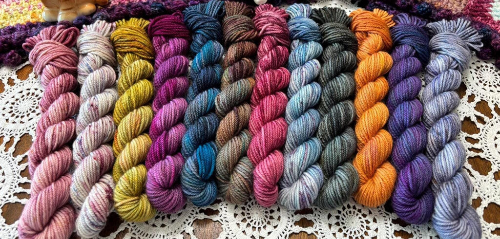 Hallowed Deluxe Blanket Bits Pack – 12 Mini Skeins + 100g Skein Hand Dyed Merino, 8ply, 752m, 75% Merino 25% Nylon