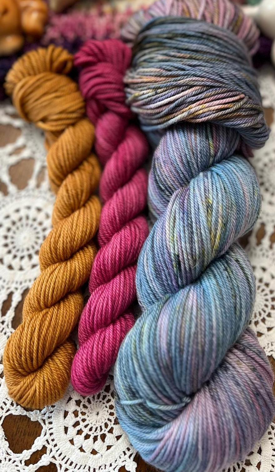 Silly Socks Set 01 Faded Blue/Pink – 2 Mini Skeins + 1 x 100g Skein Hand Dyed Merino, 8ply, 75% Merino 25% Nylon