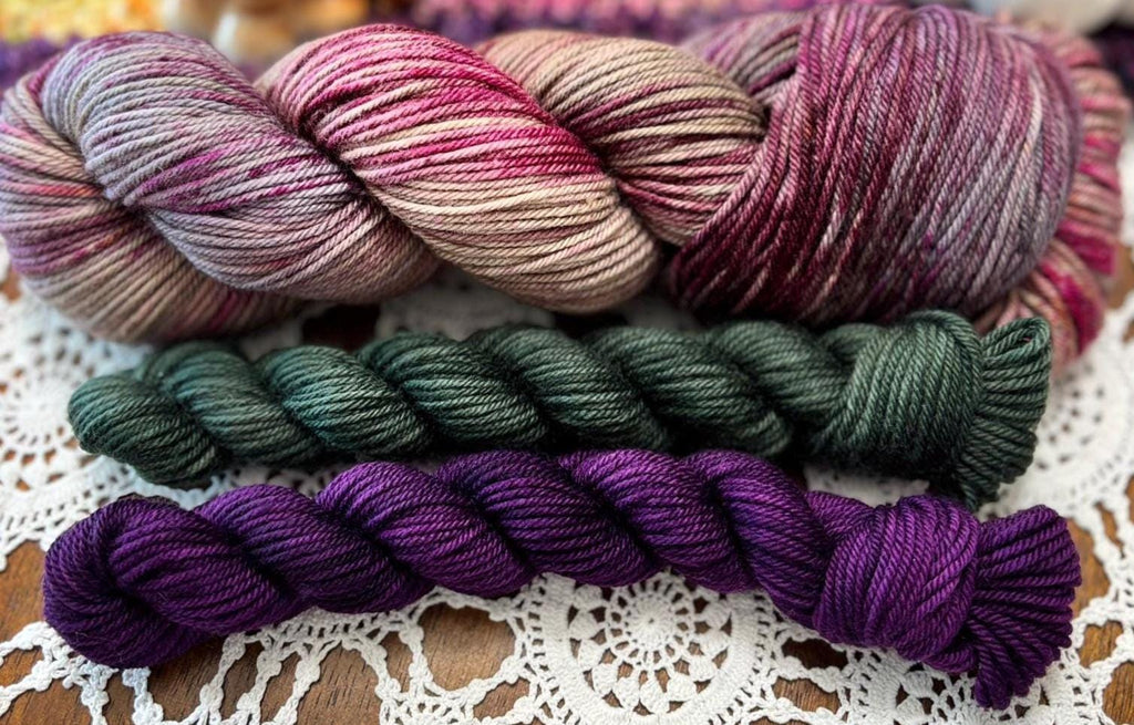 Silly Socks Set 02 Dark Plum – 2 Mini Skeins + 1 x 100g Skein Hand Dyed Merino, 8ply, 75% Merino 25% Nylon