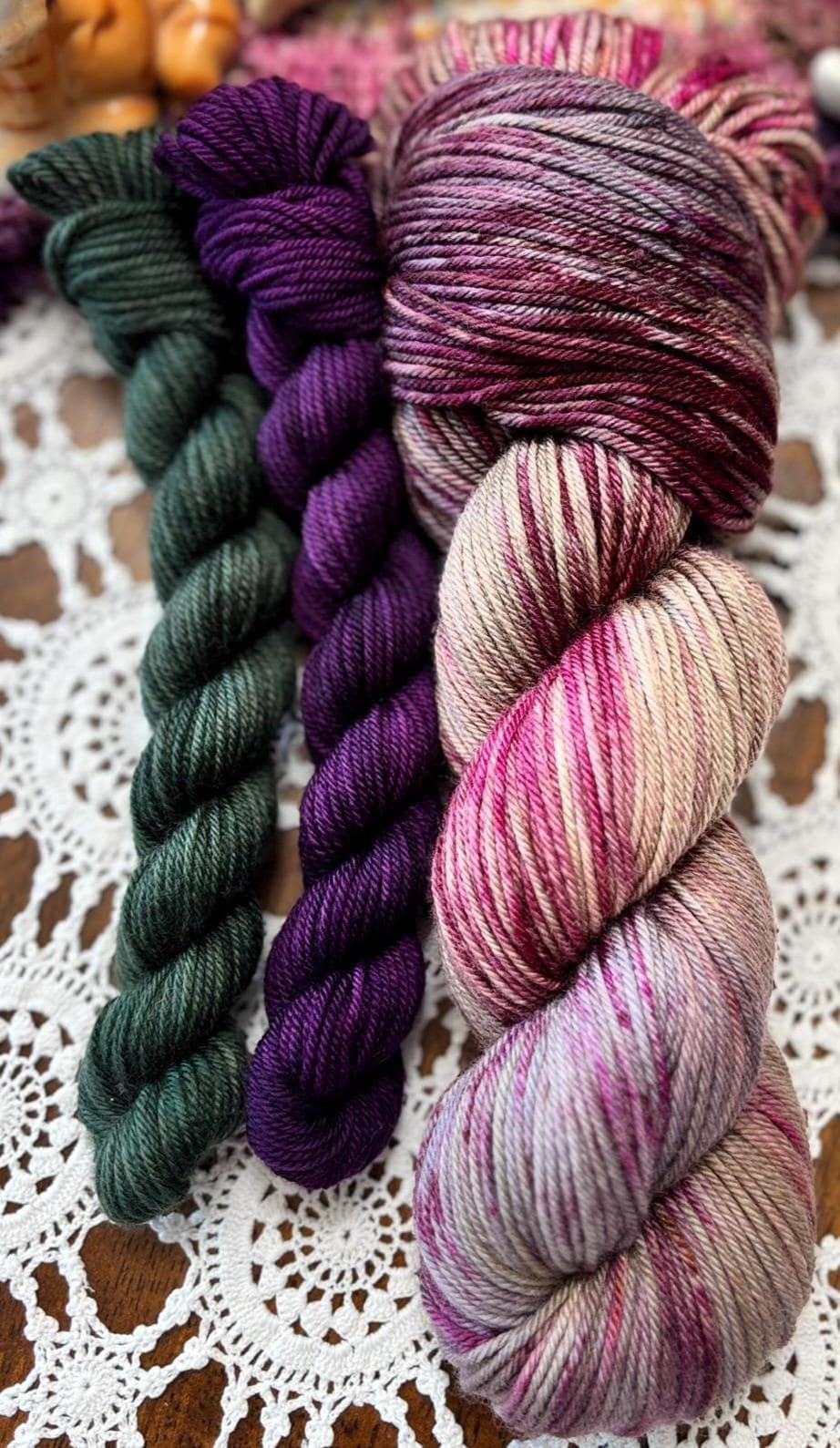 Silly Socks Set 02 Dark Plum – 2 Mini Skeins + 1 x 100g Skein Hand Dyed Merino, 8ply, 75% Merino 25% Nylon