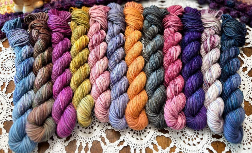 Hallowed Deluxe Blanket Bits Pack – 12 Mini Skeins + 100g Skein Hand Dyed Merino, 8ply, 752m, 75% Merino 25% Nylon