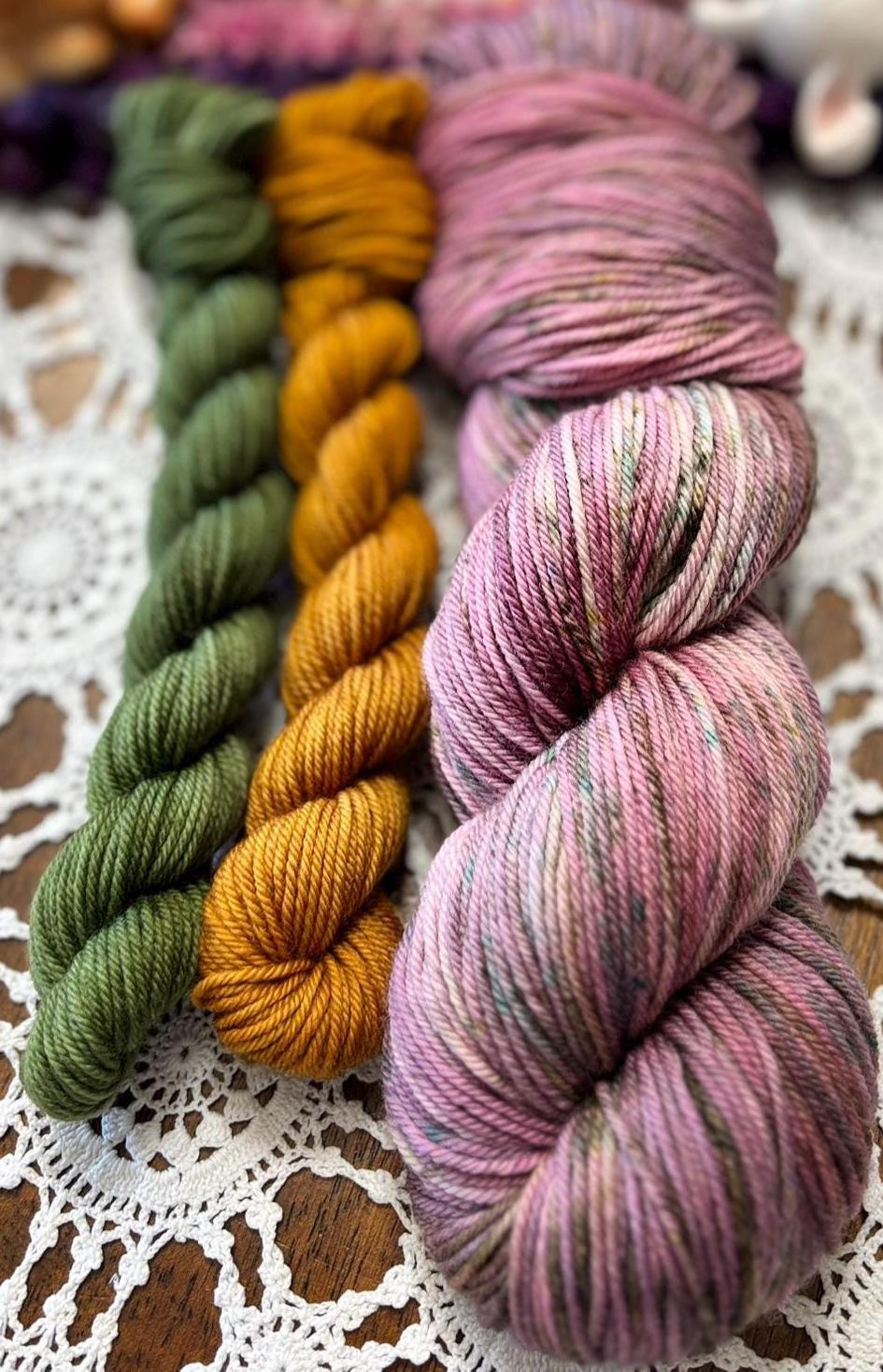 Silly Socks Set 01 Faded Pink/Green – 2 Mini Skeins + 1 x 100g Skein Hand Dyed Merino, 8ply, 75% Merino 25% Nylon