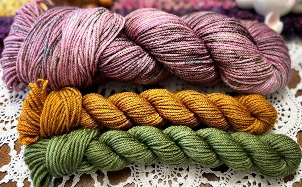 Silly Socks Set 02 Faded Pink/Green – 2 Mini Skeins + 1 x 100g Skein Hand Dyed Merino, 8ply, 75% Merino 25% Nylon