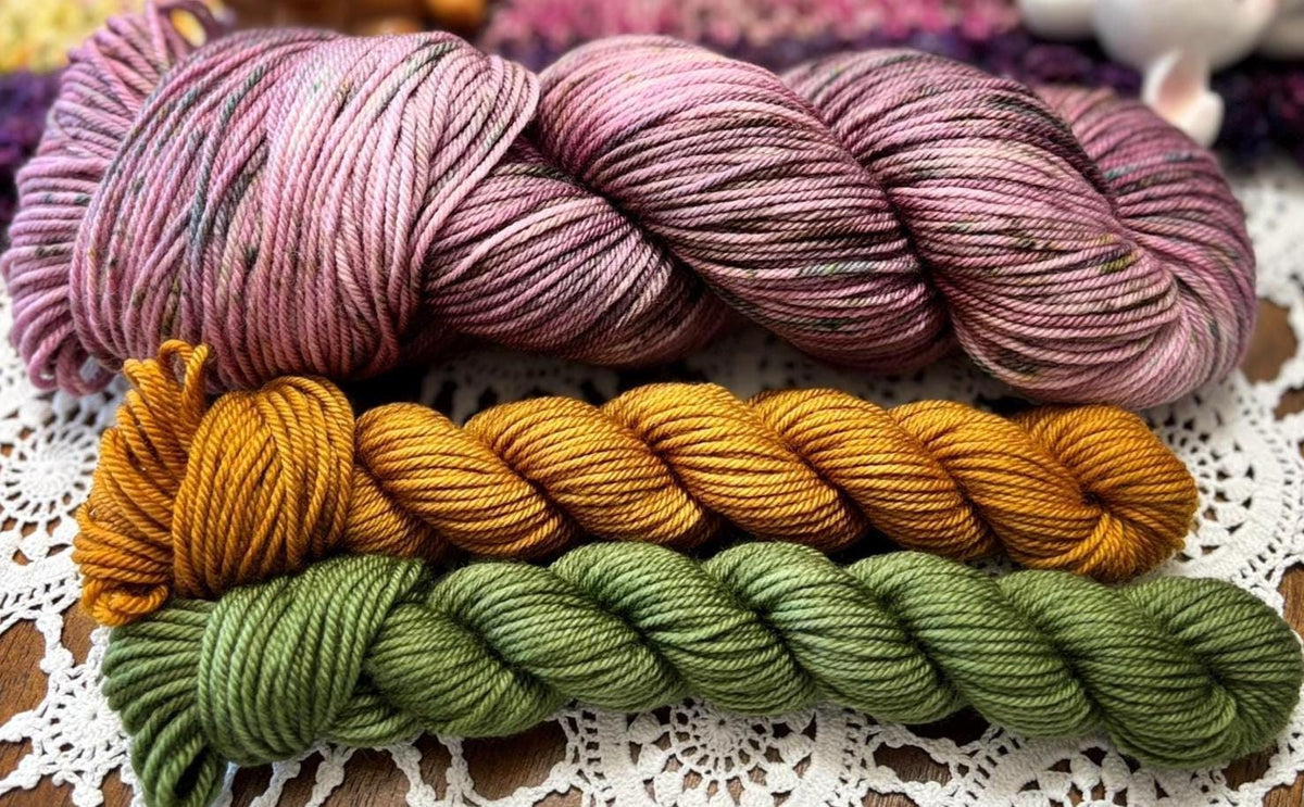 Silly Socks Set 02 Faded Pink/Green – 2 Mini Skeins + 1 x 100g Skein Hand Dyed Merino, 8ply, 75% Merino 25% Nylon