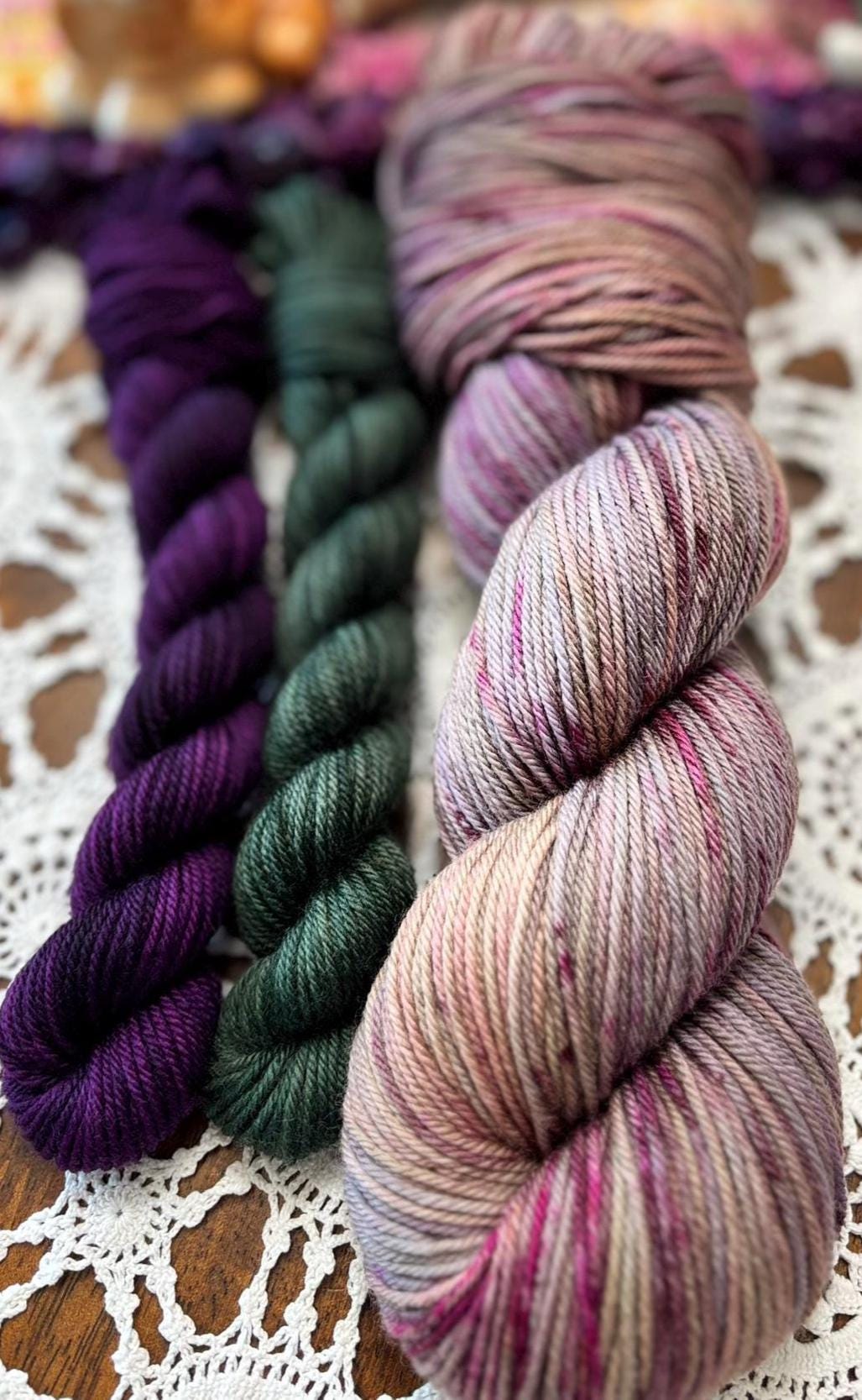 Silly Socks Set 01 Dark Plum – 2 Mini Skeins + 1 x 100g Skein Hand Dyed Merino, 8ply, 75% Merino 25% Nylon