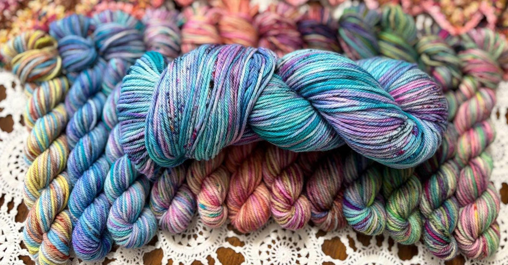 Mermaids Keep Deluxe Pack – 12 Mini Skeins + 100g Skein Hand Dyed Merino, 8ply, 752m, 75% Merino 25% Recycled Nylon