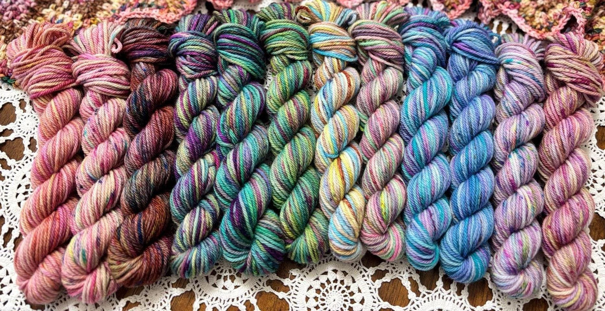 Mermaids Keep Deluxe Pack – 12 Mini Skeins + 100g Skein Hand Dyed Merino, 8ply, 752m, 75% Merino 25% Recycled Nylon