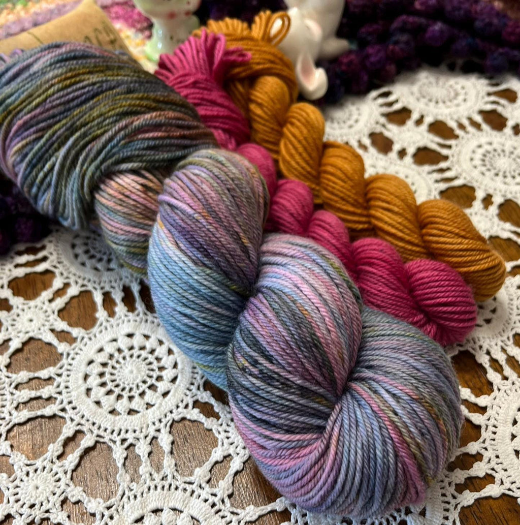 Silly Socks Set 02 Faded Blue/Pink – 2 Mini Skeins + 1 x 100g Skein Hand Dyed Merino, 8ply, 75% Merino 25% Nylon