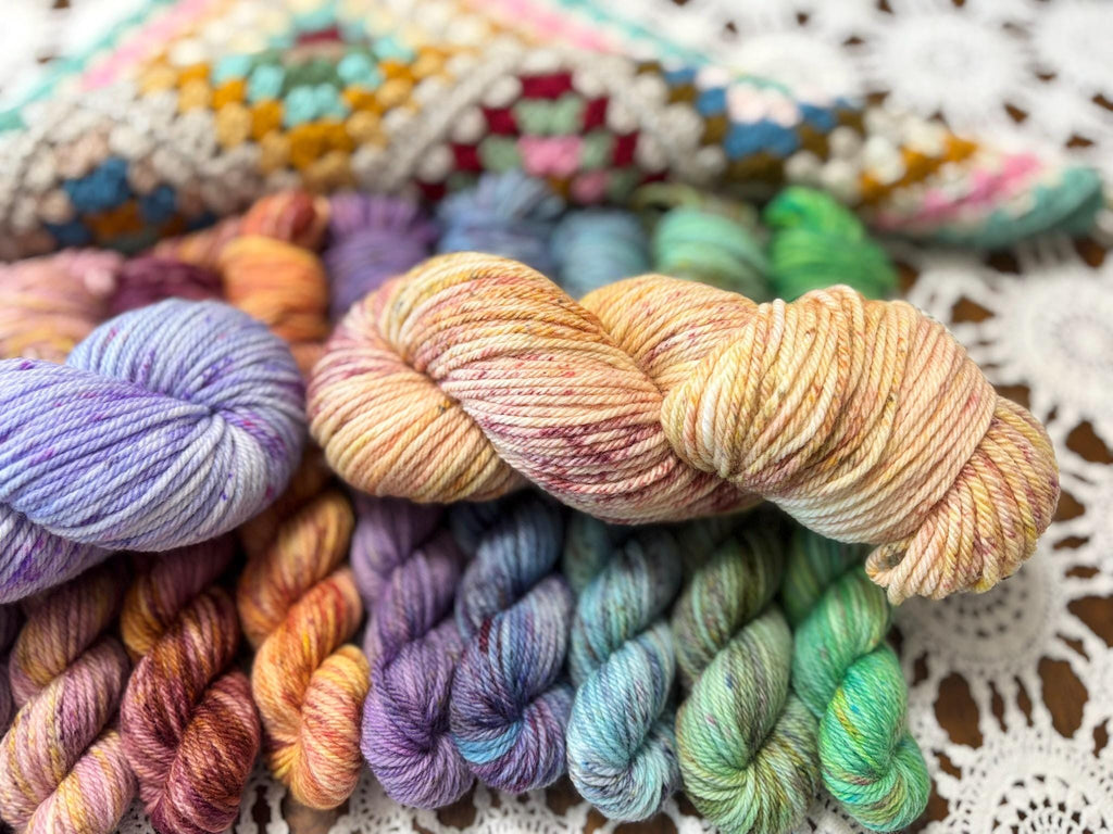 Colour Pop Blanket Bits Deluxe Pack – 10 Mini Skeins + 2 x 50g Skeins Hand Dyed Merino, 8ply, 675m, 75% Merino 25% Nylon
